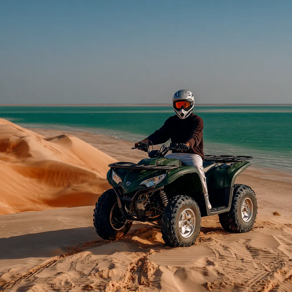 A man riding a four wheeler on the beach.
