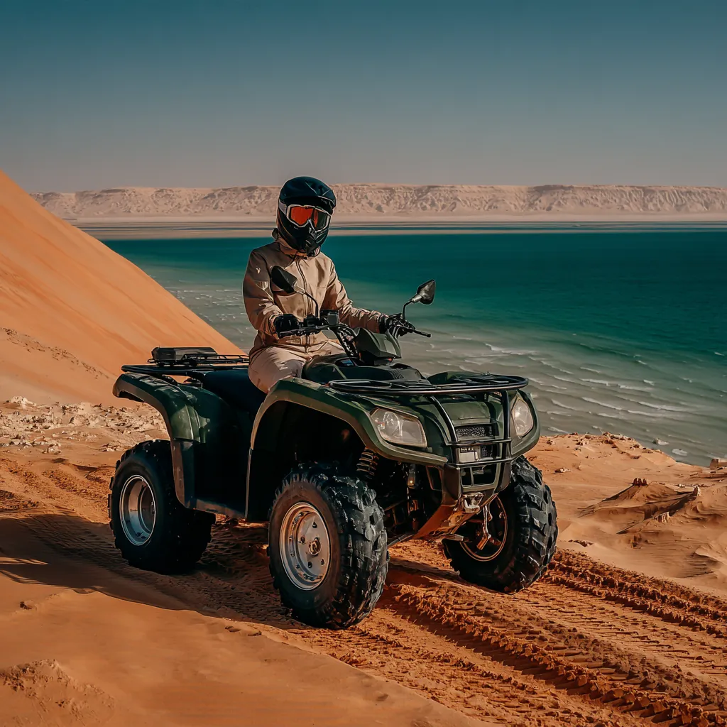 A woman riding a four wheeler on a beach.