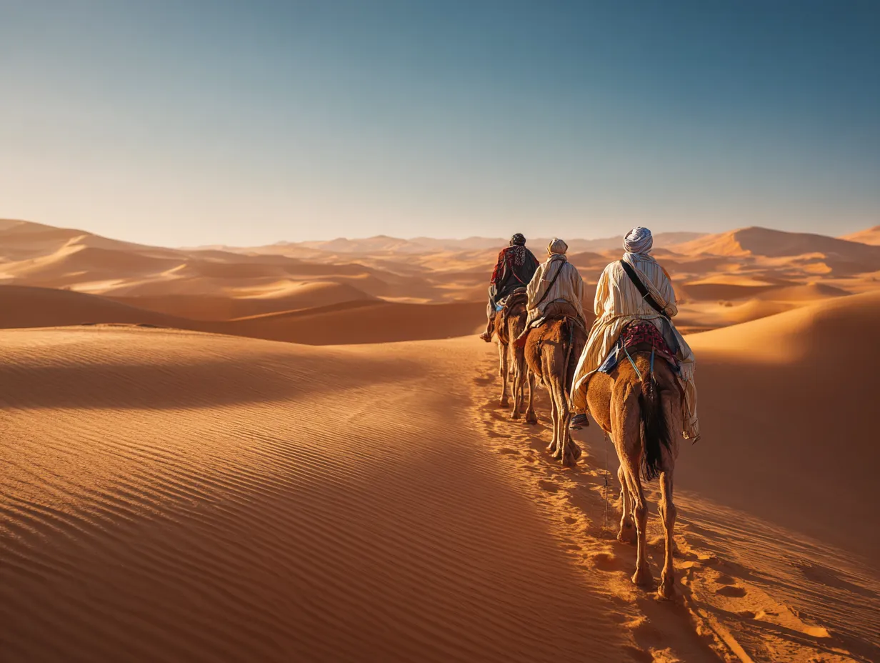 Three men riding camels in the desert.