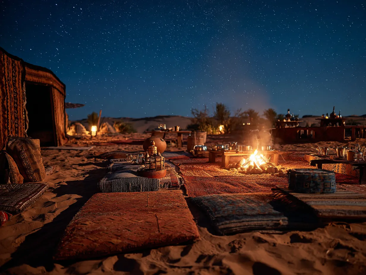 A nighttime camping scene with a fire and a table with dishes.