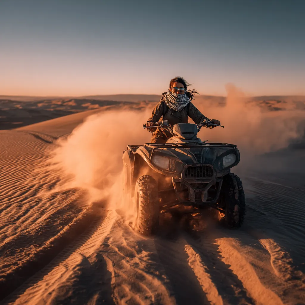 A woman riding a dirt bike in the desert.