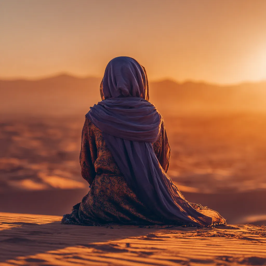 A woman wearing a scarf sits on the sand.
